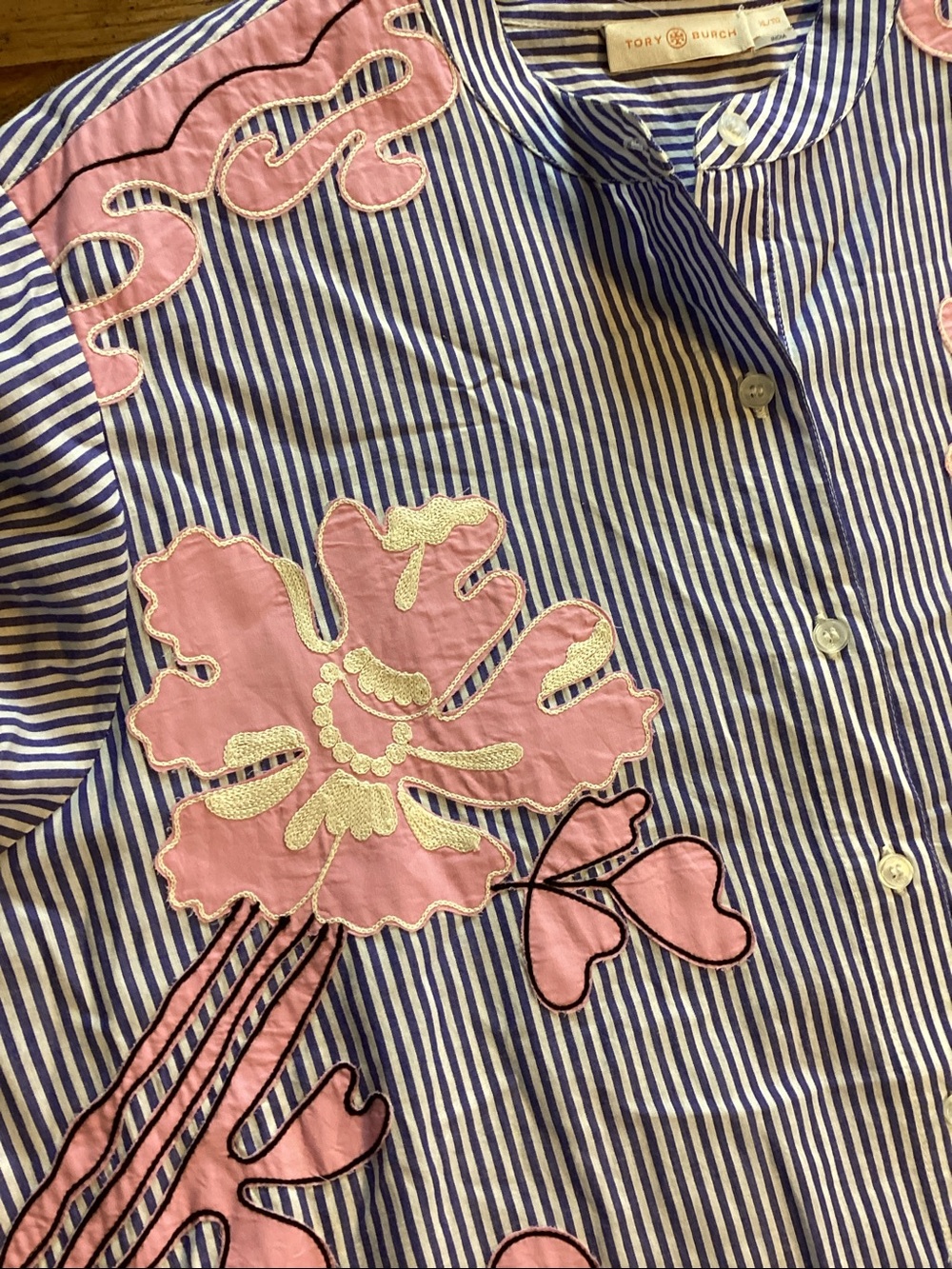 Tory Burch blue and white striped shirt dress with pink embroidered flowers. - Picture 5 of 16